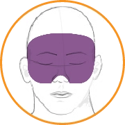 Sketch of head inside an orange circle, with forehead, eyes, and cheekbones shaded in purple.